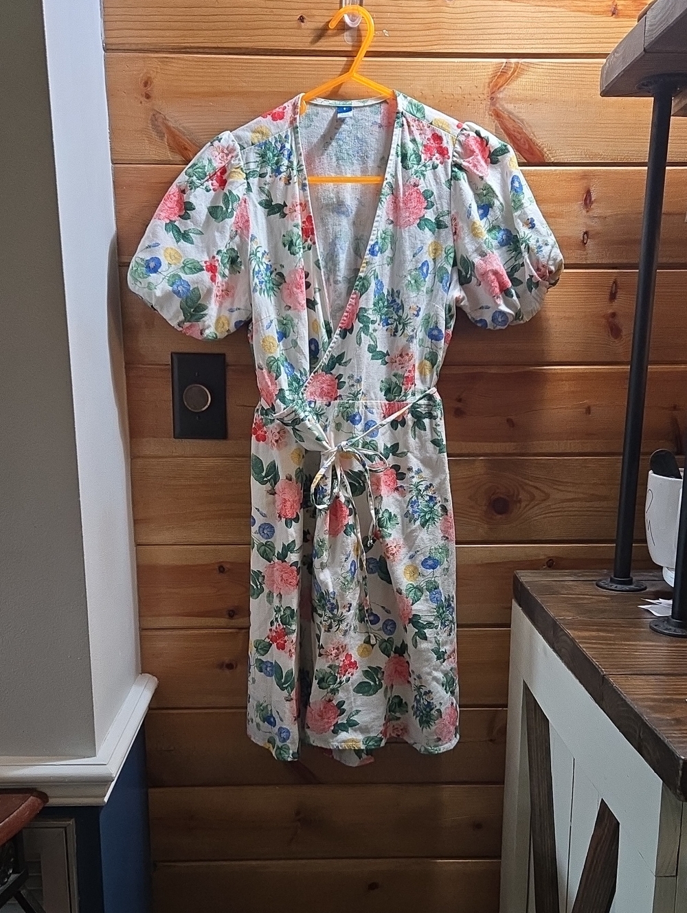Old Navy Floral Wrap Dress with Puff Sleeves - Linen, Rayon, Cotton Small 0636